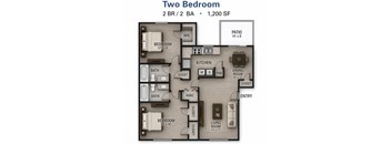 A floor plan of a two bedroom, two bathroom apartment.