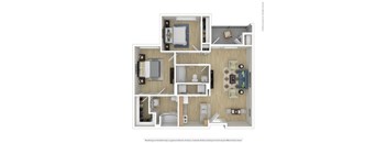 A floor plan of a small apartment with a kitchen, living room, and two bedrooms.