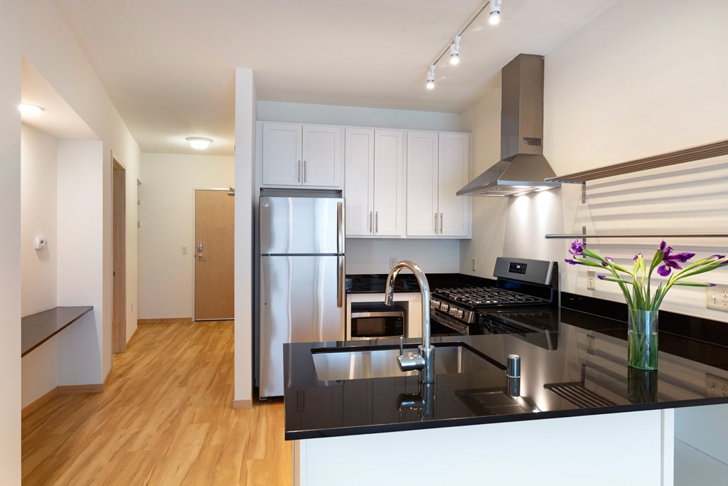 A modern kitchen with a black countertop and stainless steel appliances.