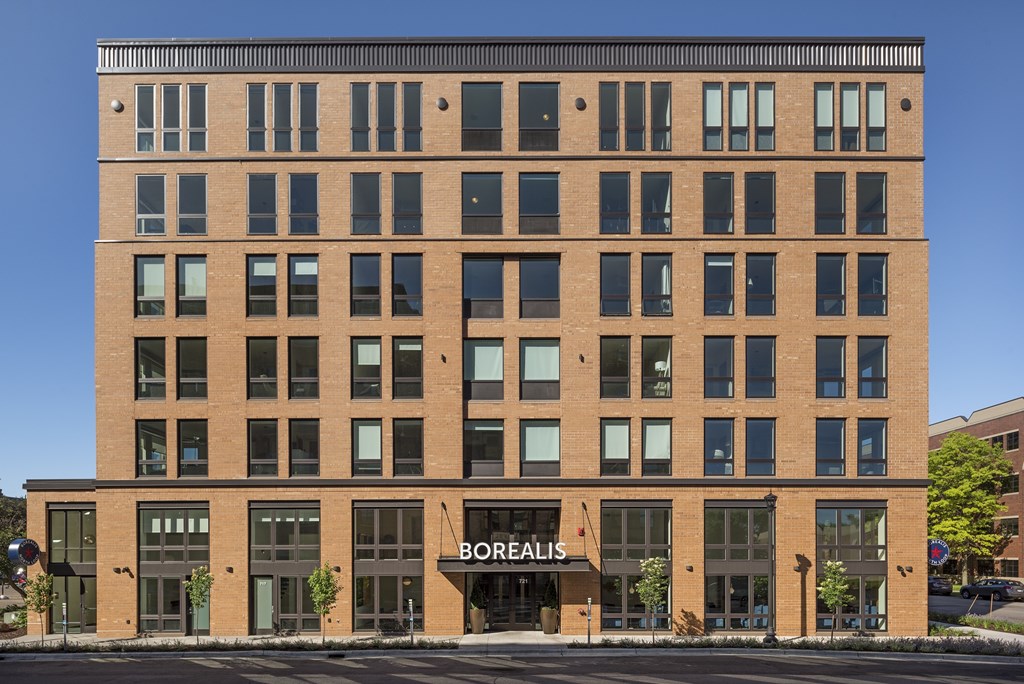 A large brick building with the word "Borealis" on the front.