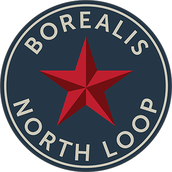 A red star is in the center of a circle that has the words Borealis North Loop written around it.