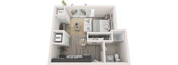 A 3D floor plan of a small apartment with a kitchen, living room, and bathroom.