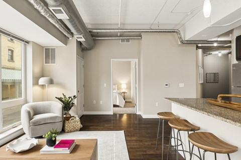 A living room with a grey armchair, a coffee table with a plant and a book on it, and a kitchen area with a counter and bar stools.