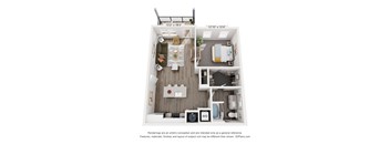 A 3D floor plan of a small apartment with a kitchen, living room, and bedroom.