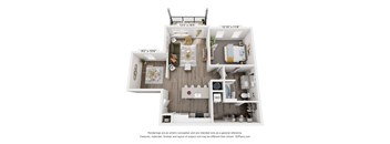 A 3D floor plan of a house with a living room, kitchen, and two bedrooms.