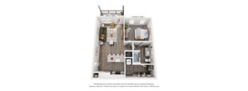 A floor plan of a small apartment with a kitchen, living room, and bedroom.