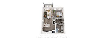 A 3D floor plan of a small apartment with a kitchen, living room, and bathroom.