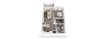 A 3D floor plan of a small apartment with a kitchen, living room, and bathroom.