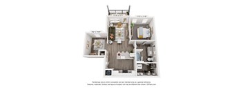A 3D floor plan of a small apartment with a kitchen, living room, and bathroom.