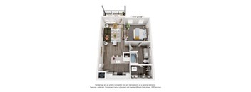 A 3D floor plan of a small apartment with a kitchen, living room, and bathroom.