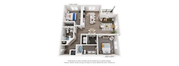 A 15x13 room with a kitchen, living room, and two bedrooms.