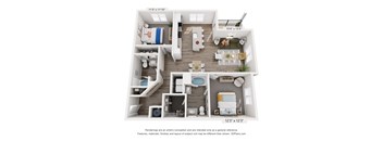 A 3D floor plan of a house with a living room, kitchen, dining room, and multiple bathrooms.