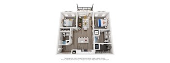 A 3D floor plan of a small apartment with a kitchen, living room, and two bedrooms.