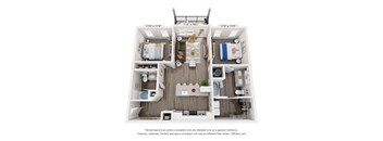 A 3D floor plan of a small apartment with a kitchen, living room, and two bedrooms.