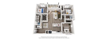 A 3D floor plan of a house with a kitchen, living room, and two bedrooms.
