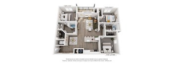 A 3D floor plan of a house with a kitchen, living room, and two bedrooms.