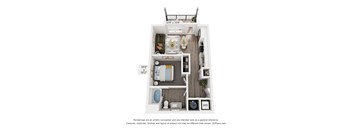 A 3D floor plan of a small apartment with a kitchen, living room, and bathroom.