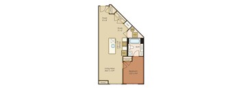 A floor plan of a small apartment with a living area, bedroom, and kitchen.