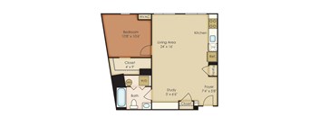 A floor plan of a home with a bedroom, living area, kitchen, study, bath, and closets.