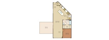 A floor plan of a house with a terrace and a study.