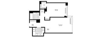 A black and white floor plan of a house with a living room, dining area, entry foyer, and bedrooms.