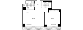 A floor plan of a house with a dining area, living room, and bedroom.