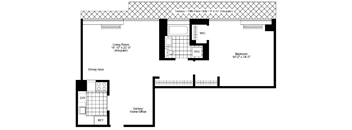 A floor plan of a house with a living room, dining area, and a bedroom.