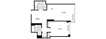 A floor plan of a living room, dining area, bedroom, and bathroom.