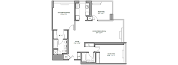 A floor plan of a home with a master bedroom, living/dining room, and two other bedrooms.