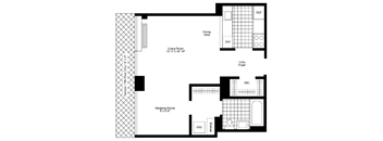 A floor plan of a house with a living room, dining area, kitchen, and sleeping alcove.