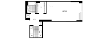 A floor plan of a house with a living room, dining room, and kitchen.