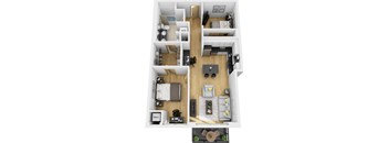 A floor plan of a small apartment with a kitchen, living room, and bedroom.
