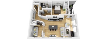 A 3D floor plan of a small apartment with a kitchen, living room, and bedrooms.