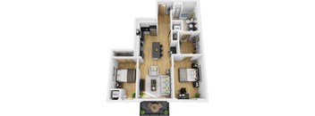 A top-down view of a small apartment layout with labeled rooms.