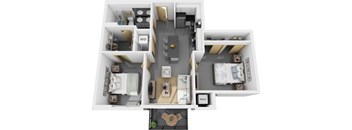 A 3D floor plan of a small apartment with a kitchen, living room, bedroom, and bathroom.