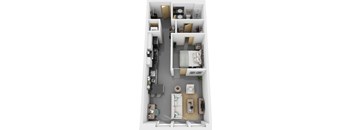 A top-down view of a small apartment with a kitchen, living room, and bathroom.