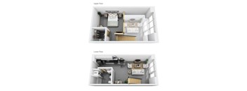 A diagram shows the layout of a small apartment with a bedroom and a living area on the upper floor and a kitchen and bathroom on the lower floor.