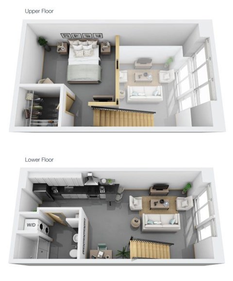 A diagram shows the layout of a small apartment with a bedroom and a living area on the upper floor and a kitchen and bathroom on the lower floor.