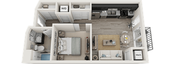 A floor plan of a small apartment with a living room, kitchen, and bedroom.