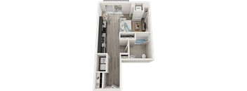 A floor plan of a small apartment with a kitchen, living room, and bedroom.