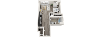 A floor plan of a one bedroom apartment with a living room, kitchen, and bathroom.
