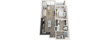 A floor plan of a small apartment with two bedrooms and a living room.