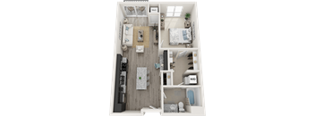 A detailed 3D floor plan of a small apartment with a kitchen, living room, bedroom, and bathroom.