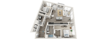 A detailed 3D floor plan of a two-bedroom apartment.
