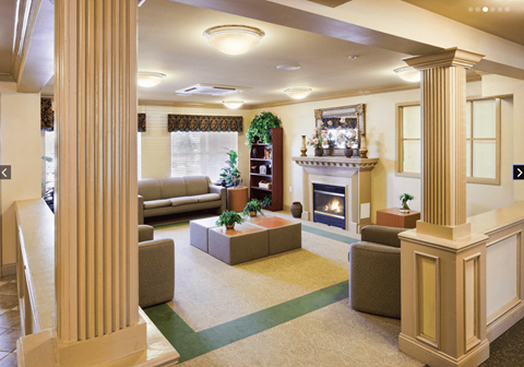 A living room with a fireplace and a green rug.