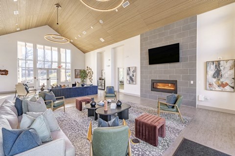 community room with couches and chairs and a fireplace at Sycamore at Tyvola, North Carolina, 28217