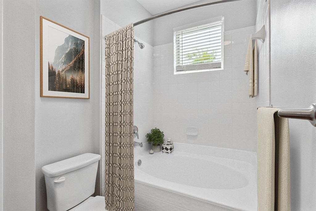 a bathroom with a white toilet next to a bathtub with a shower at Two Addison Place Apartments , Pooler, GA