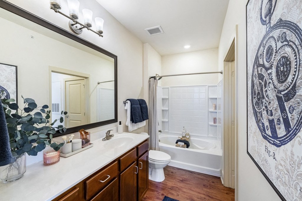 a bathroom with a large mirror and a toilet and a shower at Park and Kingston, Charlotte, 28203