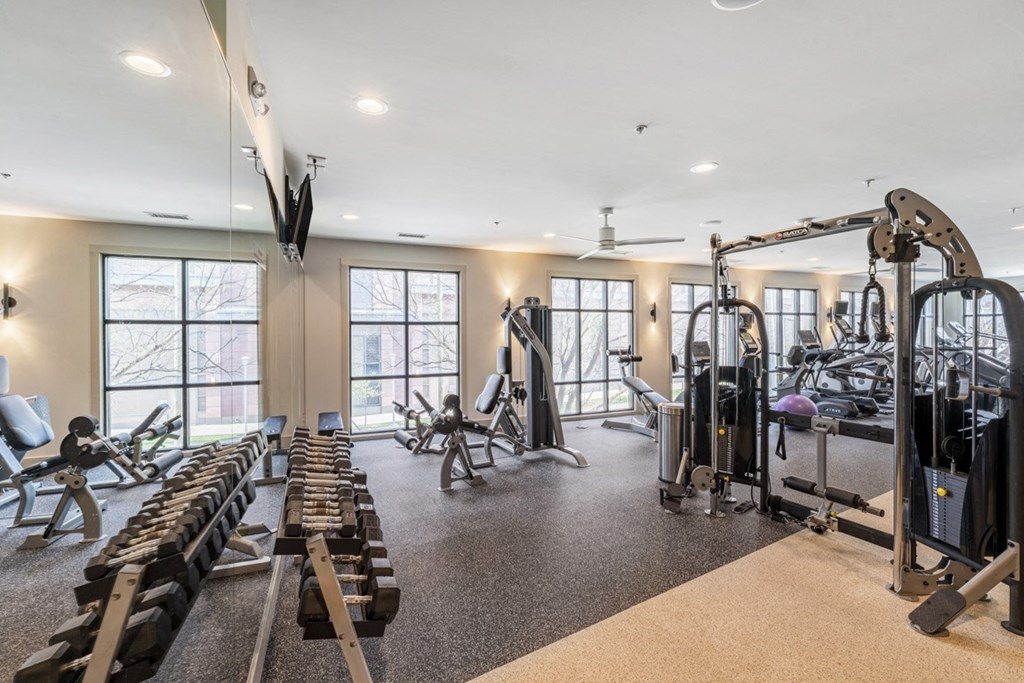 the gym with weights and cardio equipment at the preserve at greatstone at Park and Kingston, Charlotte, NC, 28203