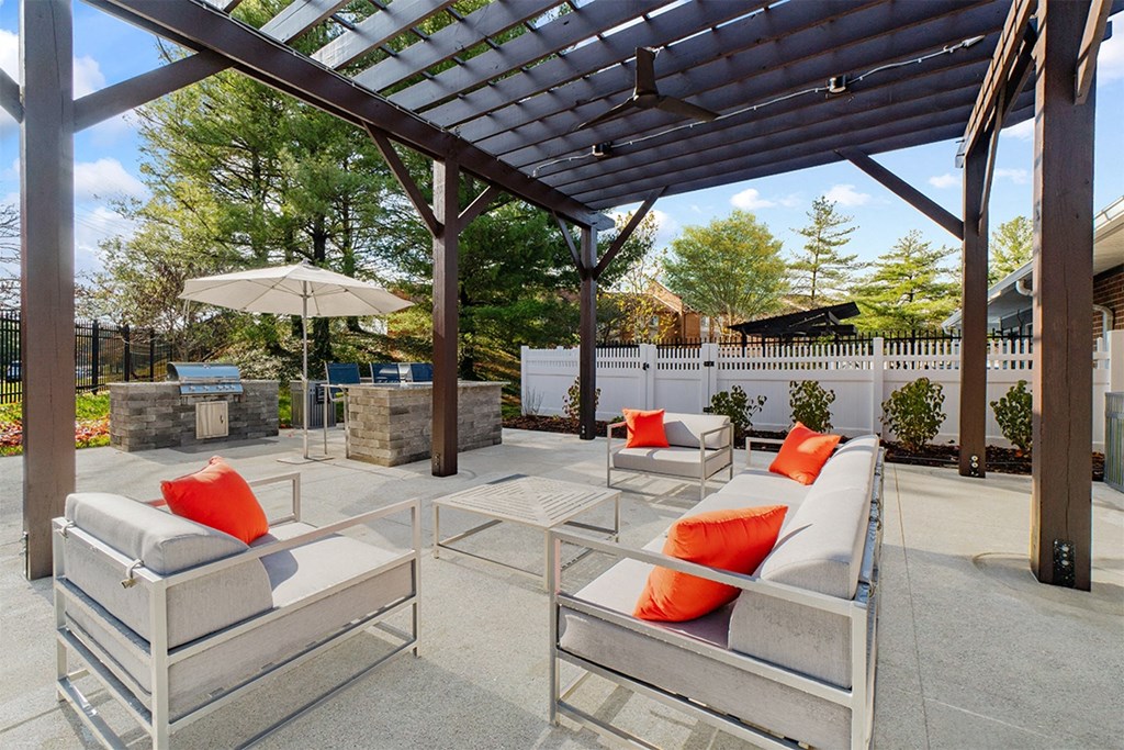 Seating area under pergola at Westwinds Apartments, Annapolis MD